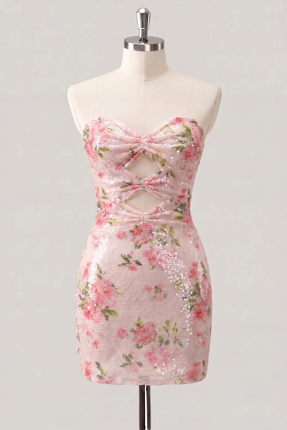 Floral White Strapless Cut Out Bodycon Homecoming Dress