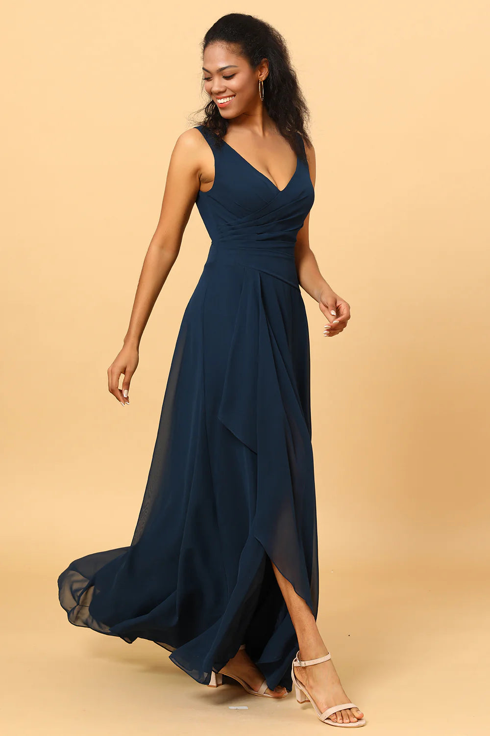Dark Navy A Line V Neck Floor Length Chiffon Bridesmaid Dress With Slit