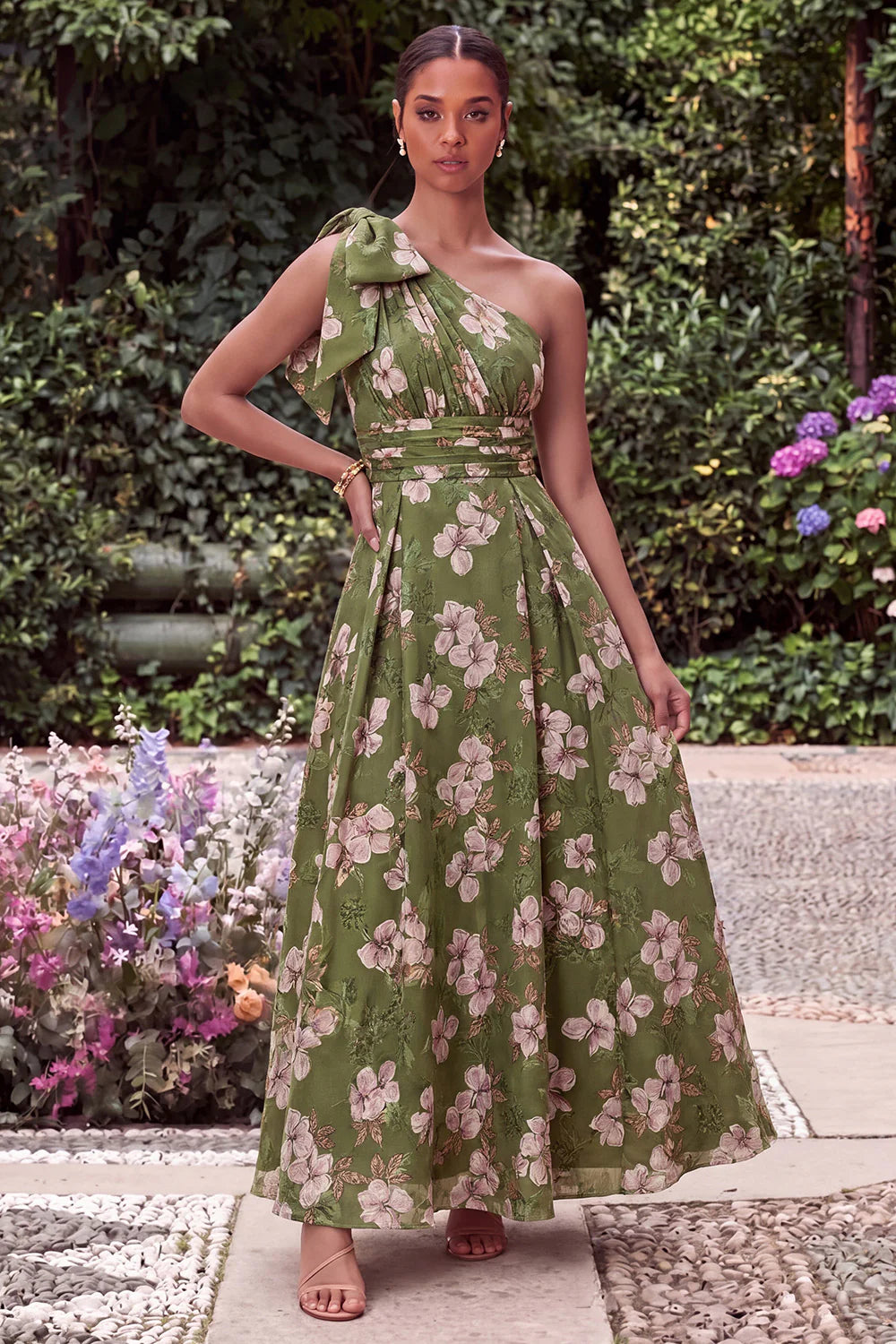 One Shoulder Sage Flower A Line Wedding Guest Dress with Bow