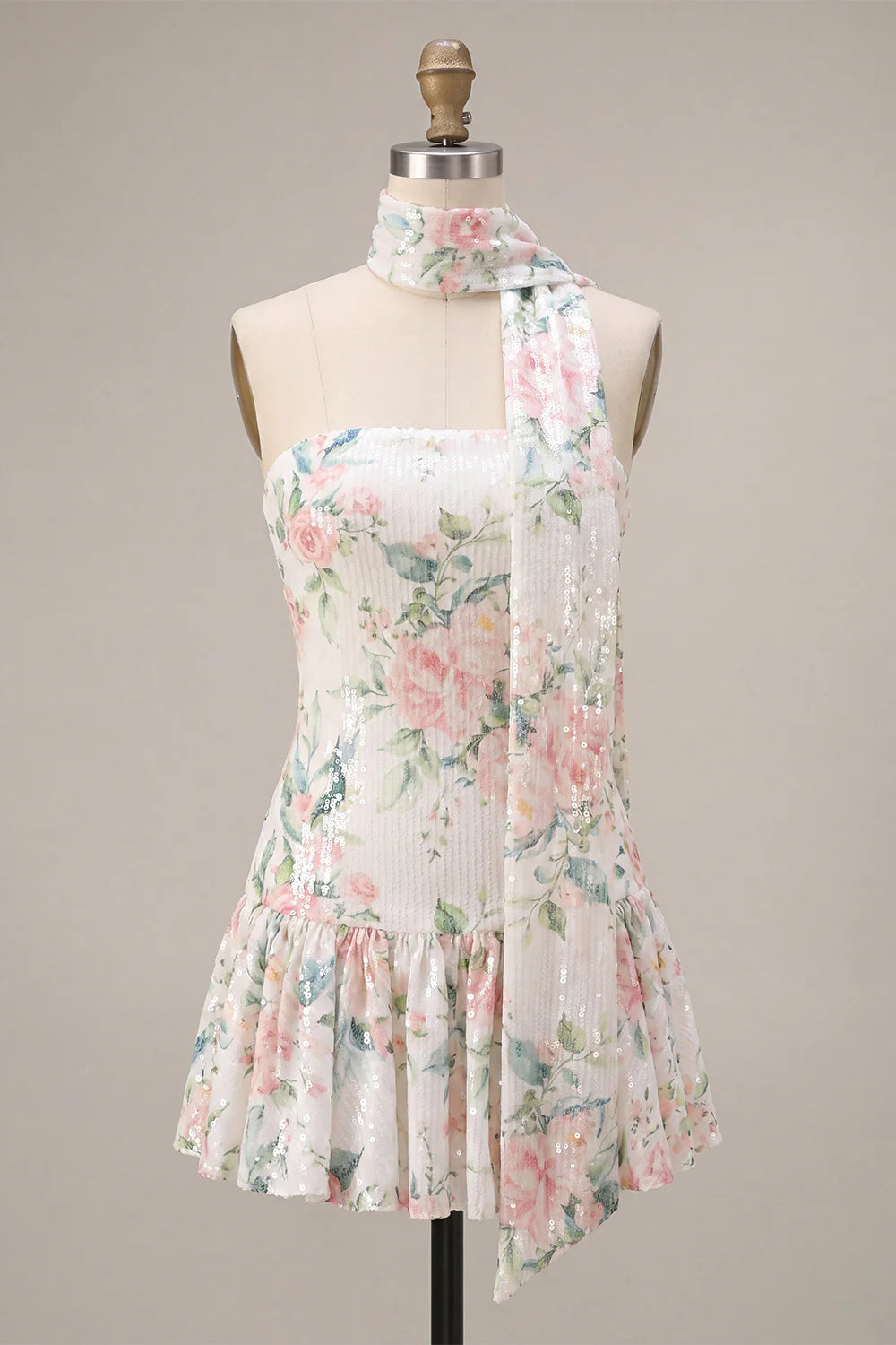 Sequin White Pink Flower Strapless A Line Homecoming Dress with Scarf