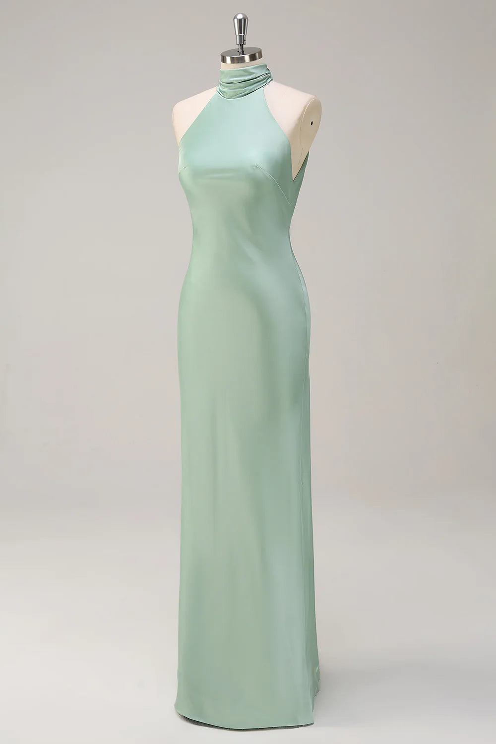 Agave Sheath Halter Satin Floor Length Bridesmaid Dress with Open Back