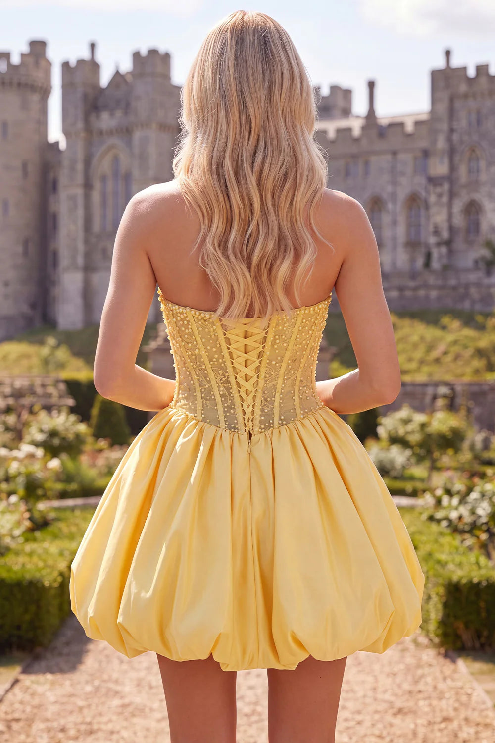 Strapless A Line Corset Yellow Homecoming Dress with Pearls