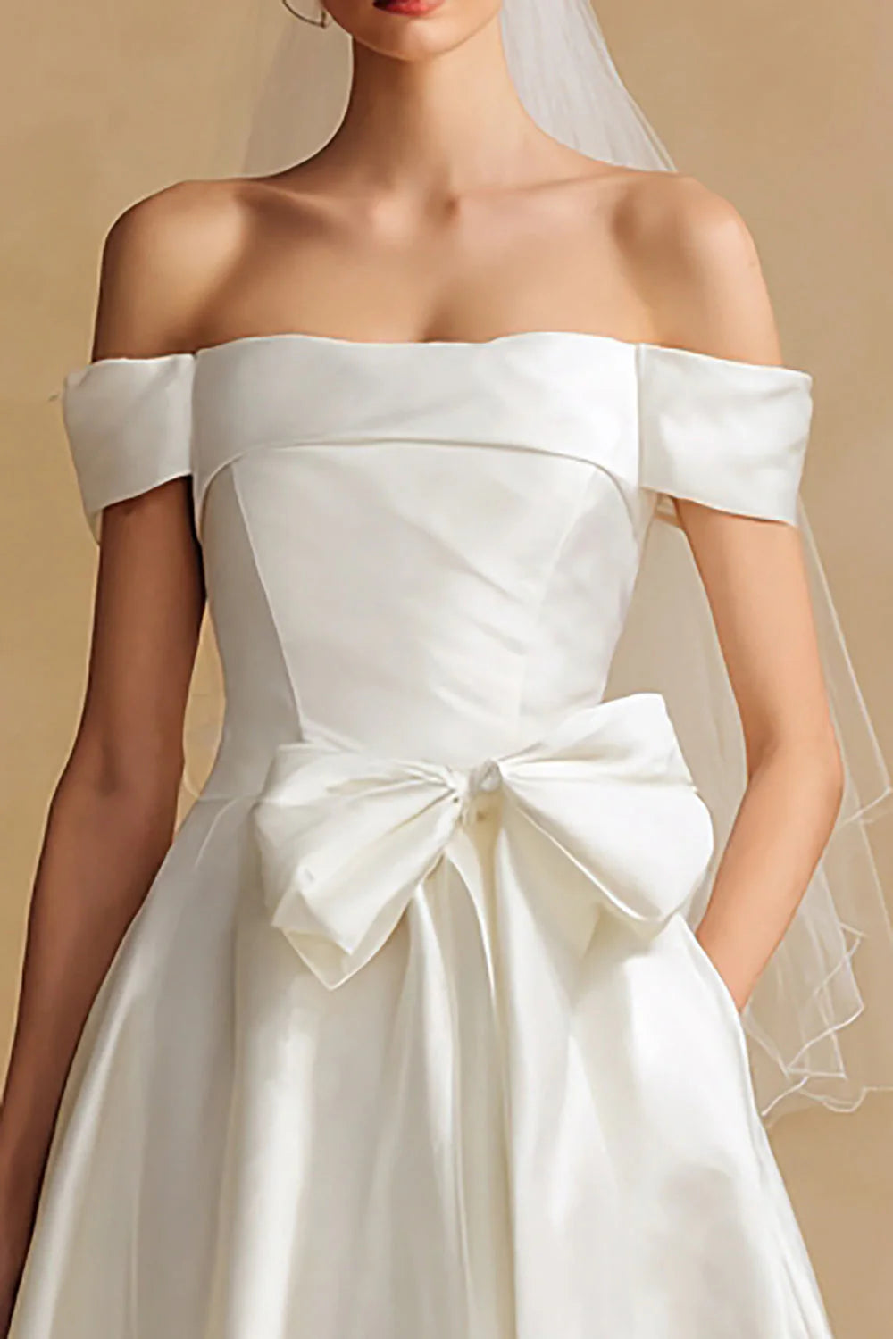 Elegant White A Line Off The Shoulder Long Wedding Dress with Bow