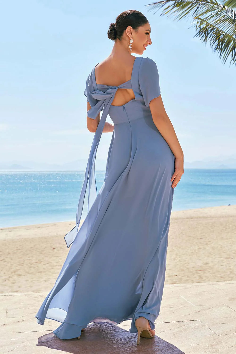 Grey Blue A Line Chiffon Lace Up Back Bridesmaid Dress with Slit