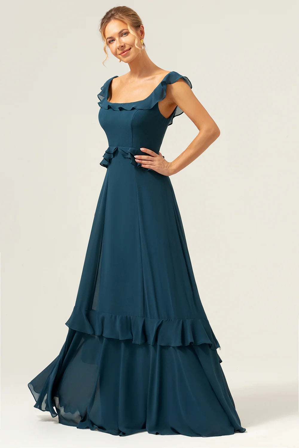 Dark Peacock Green A Line Square Neck Tiered Chiffon Long Bridesmaid Dress