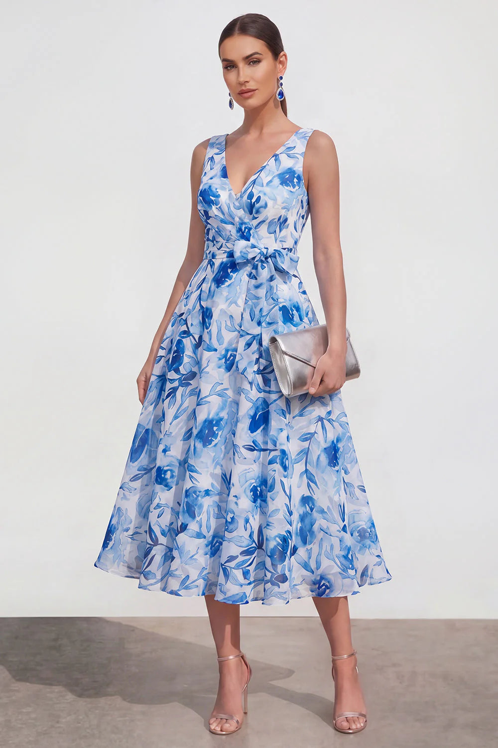 Purple Flower A Line V Neck Wedding Guest Dress with Belt