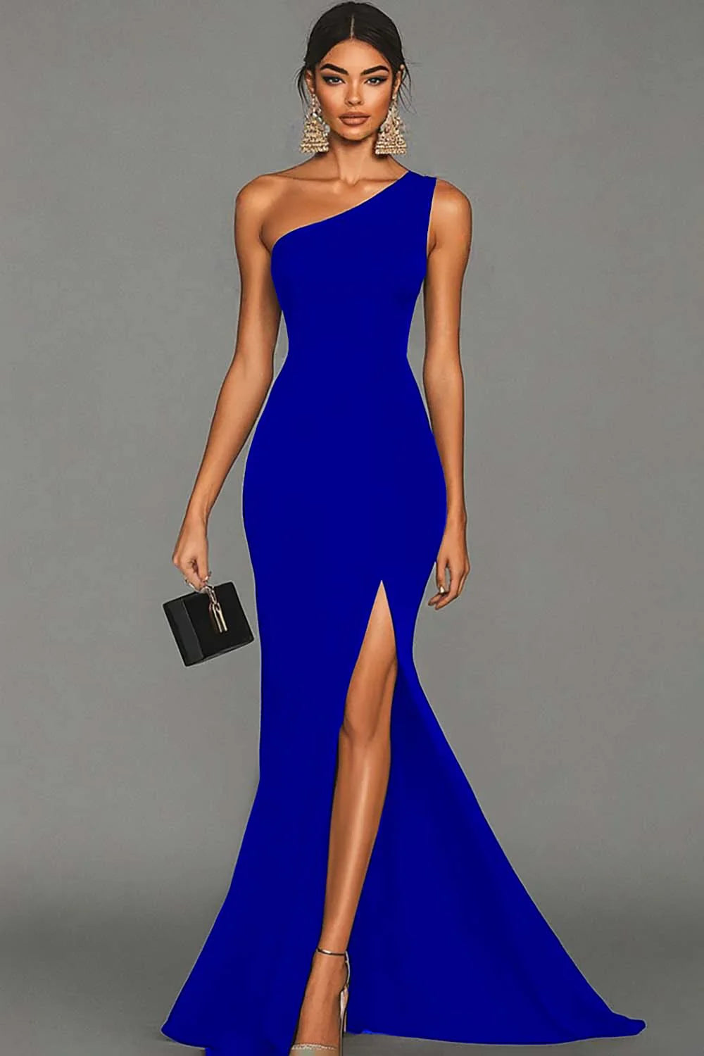 Black Mermaid One Shoulder Long Formal Dress with Slit