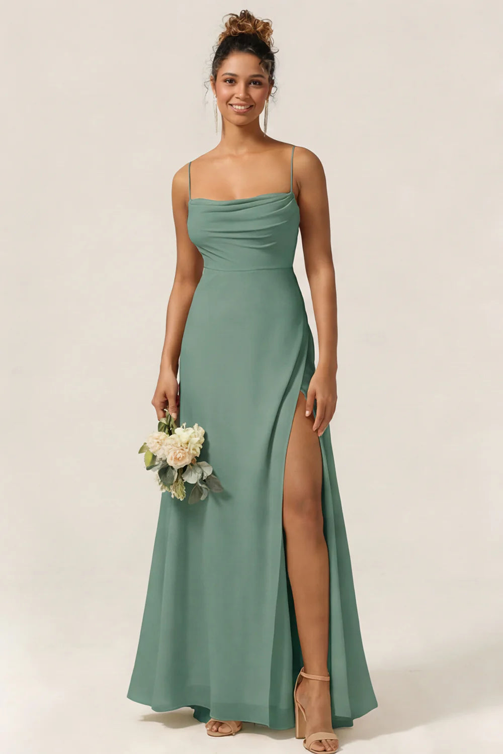 Blue Flower A Line Spaghetti Straps Chiffon Long Bridesmaid Dress with Slit