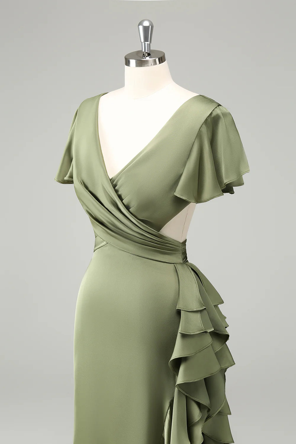 Elegant Olive A Line V Neck Short Sleeves Asymmetrical Bridesmaid Dress with Ruffles