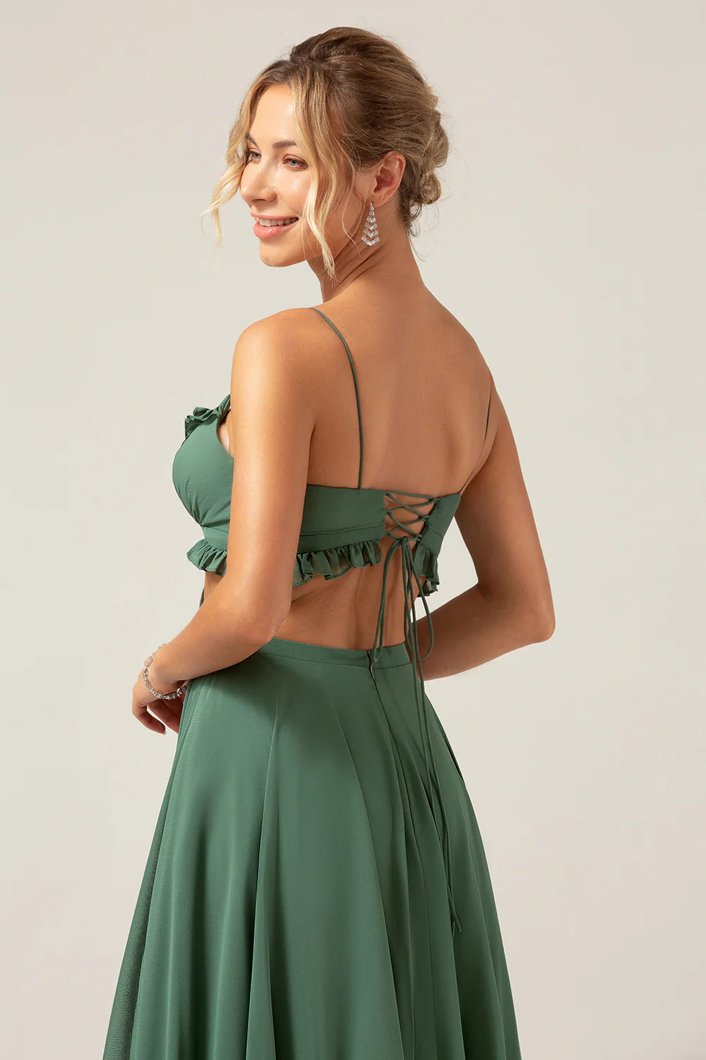 A Line Spaghetti Straps Backless Chiffon Eucalyptus Long Bridesmaid Dress