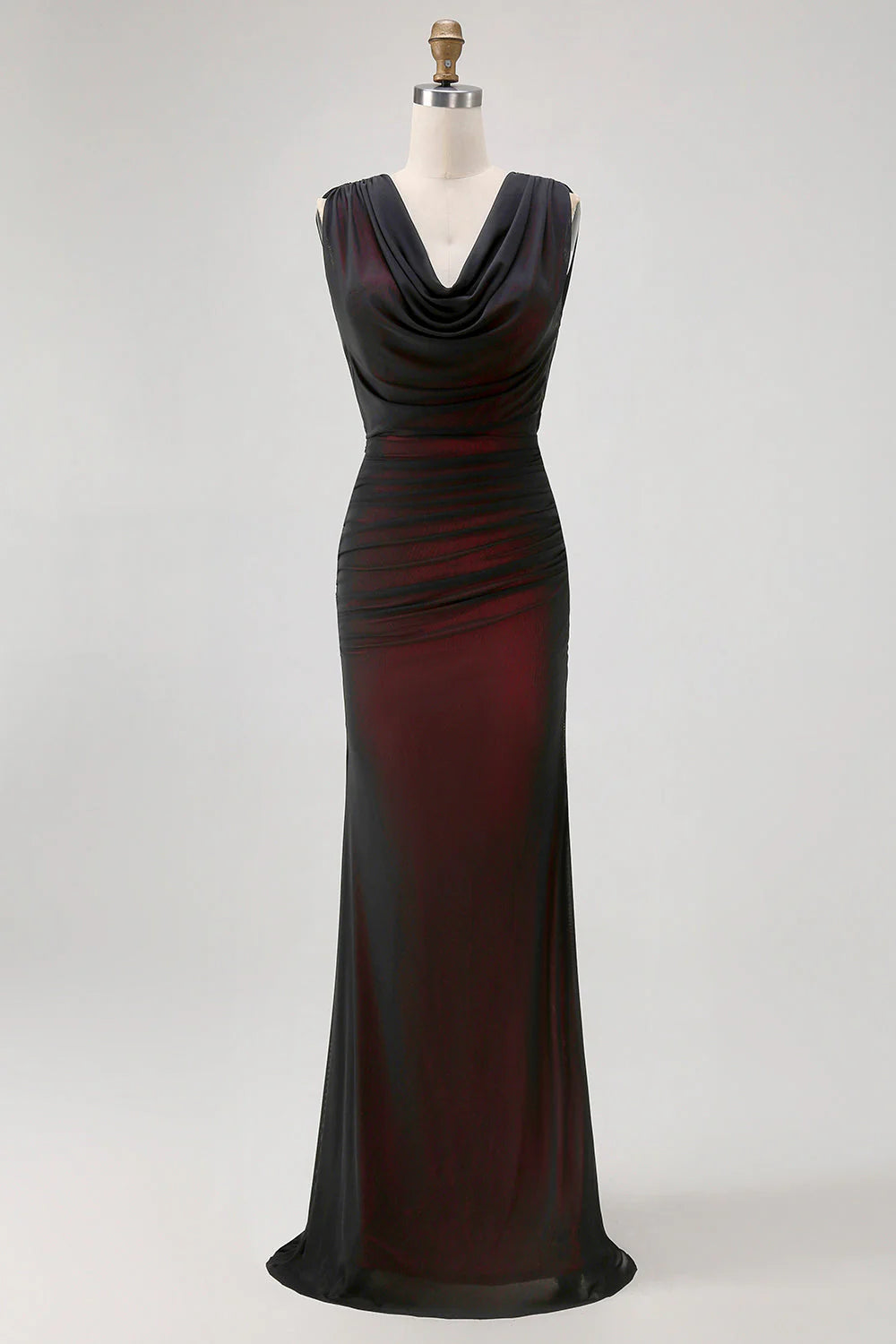 Black Red Sheath Cowl Neck Tulle Open Back Maxi Plus Size Dress with Slit