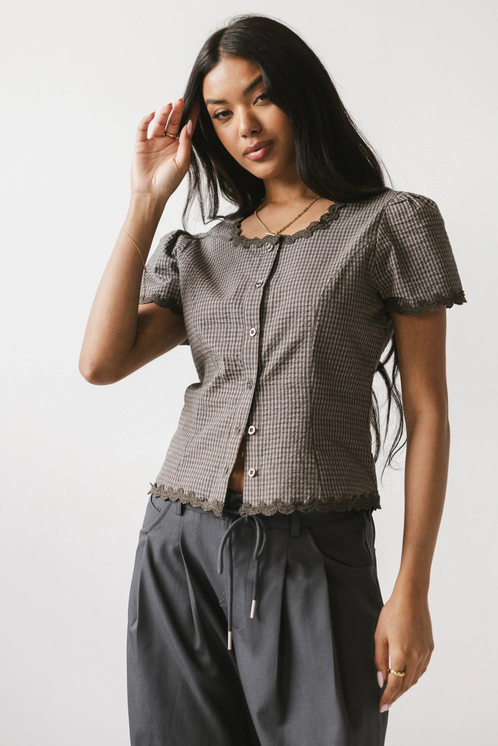 Serra Lace Trim Blouse in Charcoal FINAL SALE