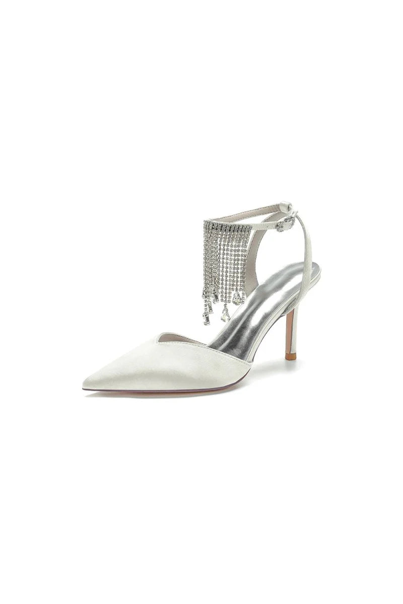 Pointed Toe Crystal Tassel Strap Heels