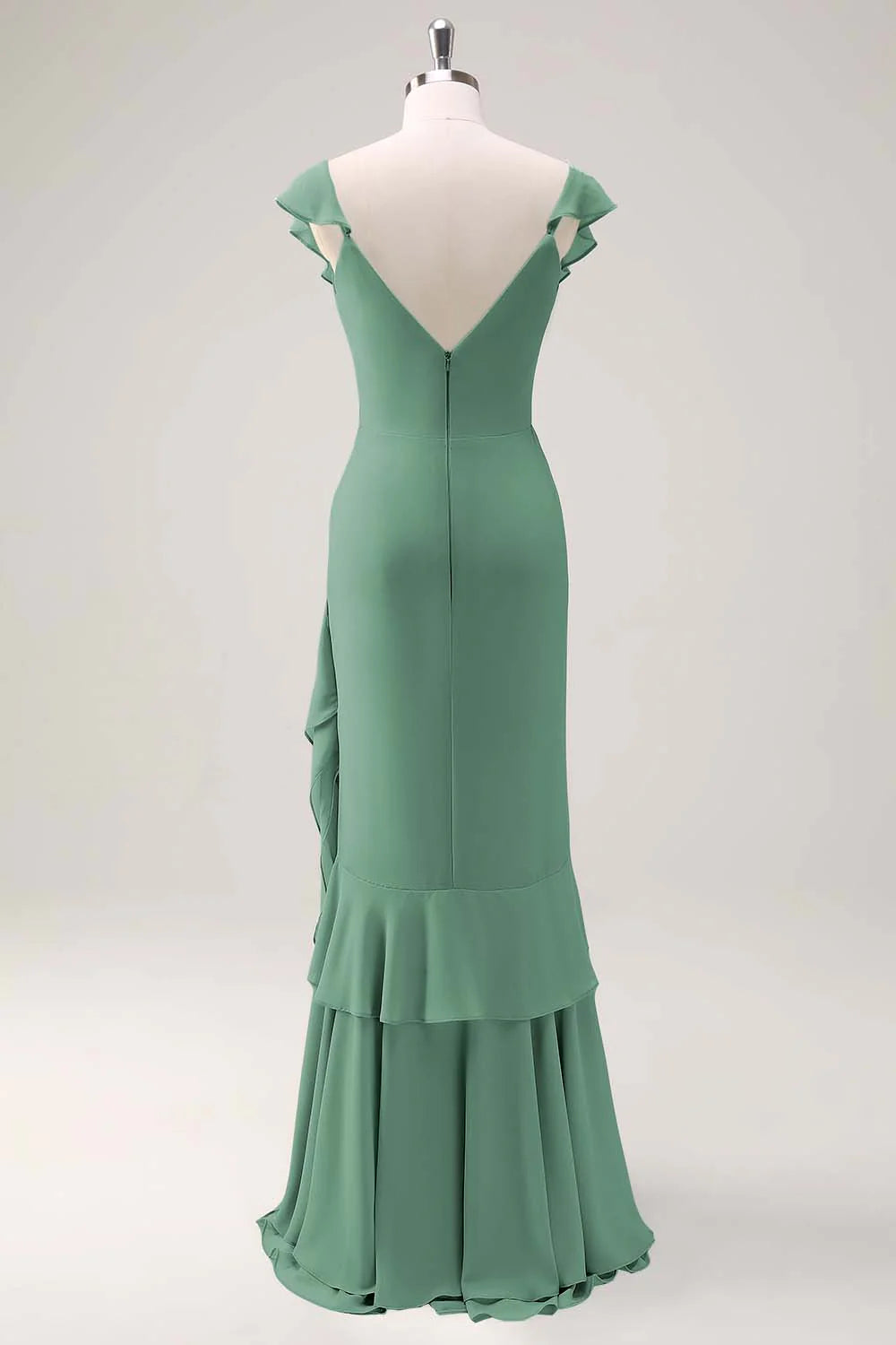 Dusty Sage Sheath V Neck Open Back Chiffon Long Bridesmaid Dress with Ruffles