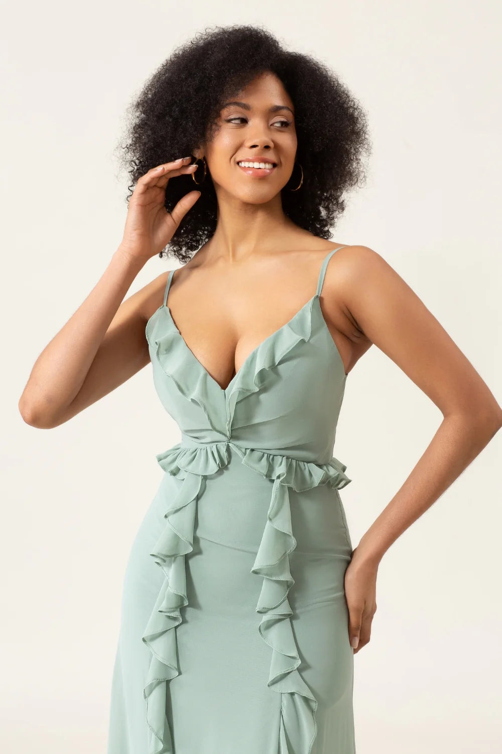 Matcha A Line Spaghetti Straps Chiffon Bridesmaid Dress With Ruffles