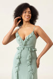 Matcha A Line Spaghetti Straps Chiffon Bridesmaid Dress With Ruffles