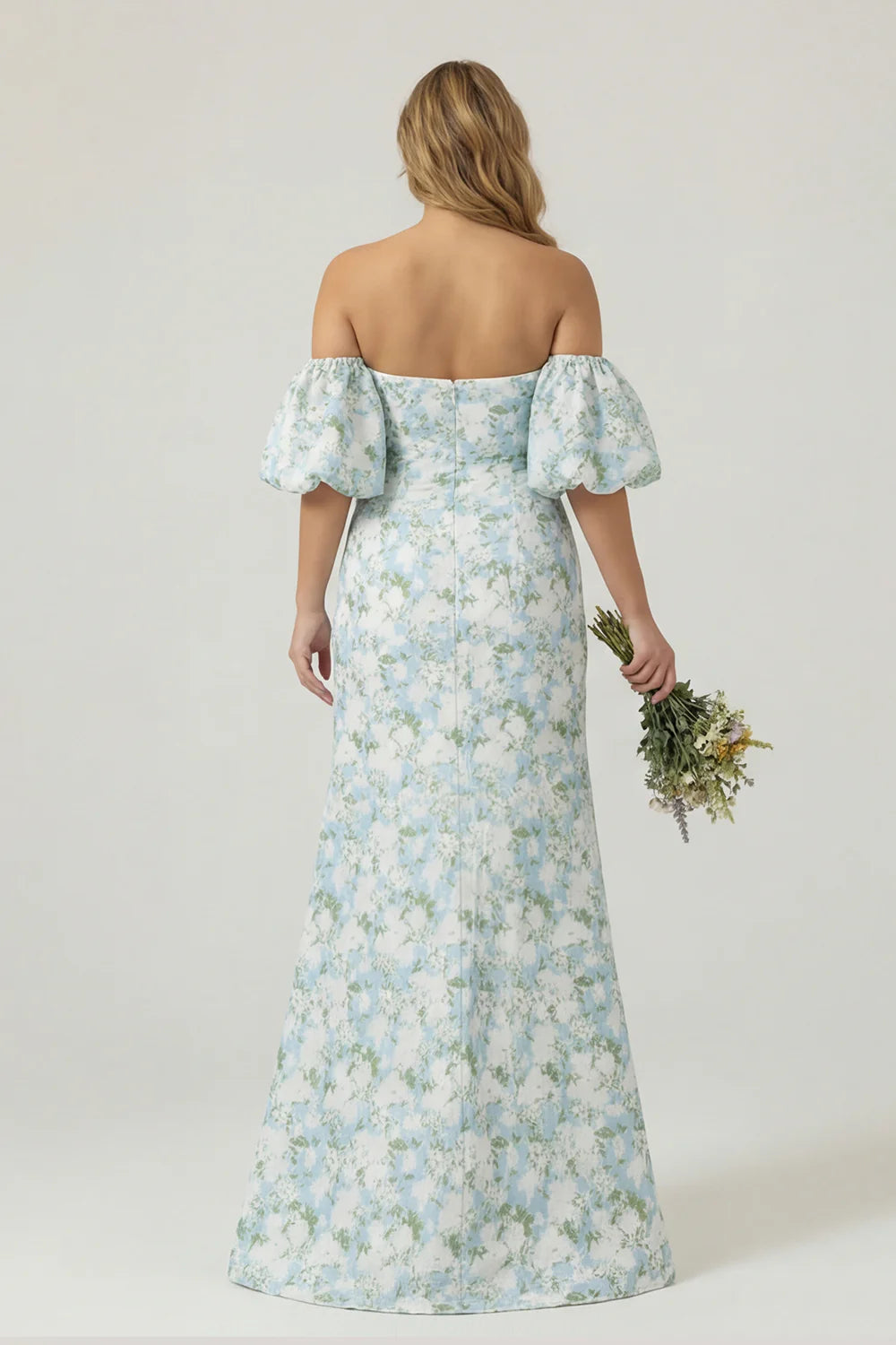 Blue White Flower Mermaid Strapless Satin Plus Size Bridesmaid Dress with Removable Sleeves