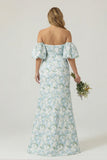 Blue White Flower Mermaid Strapless Satin Plus Size Bridesmaid Dress with Removable Sleeves