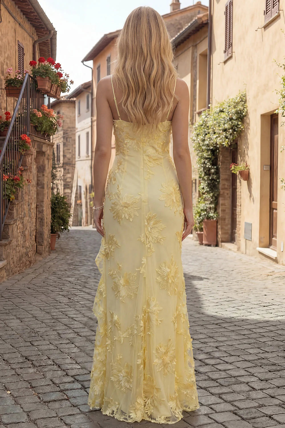 Blush Ruffled Appliqued Long Prom Dress with Slit