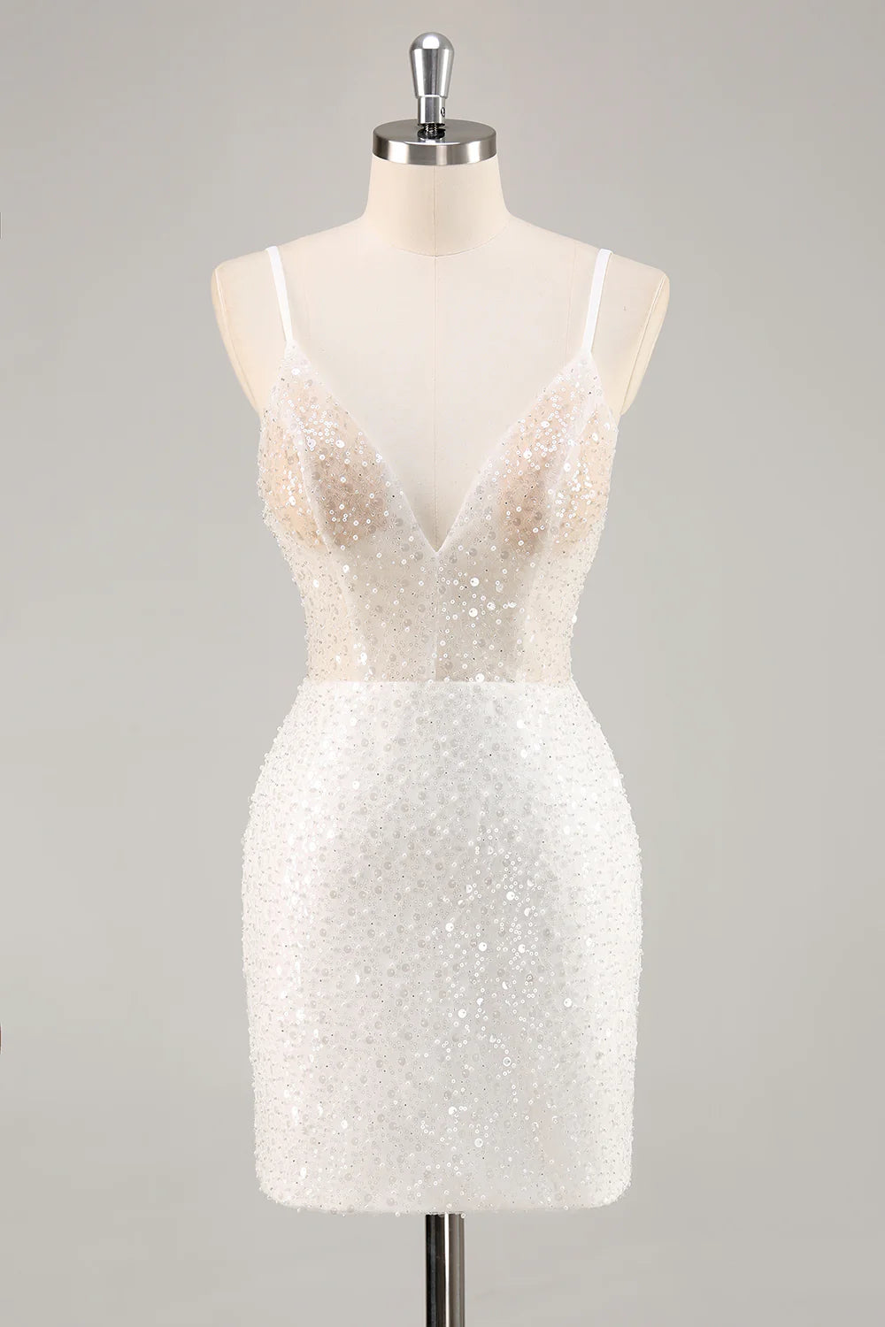 White Tight V Neck Graduation Dress With Sequins