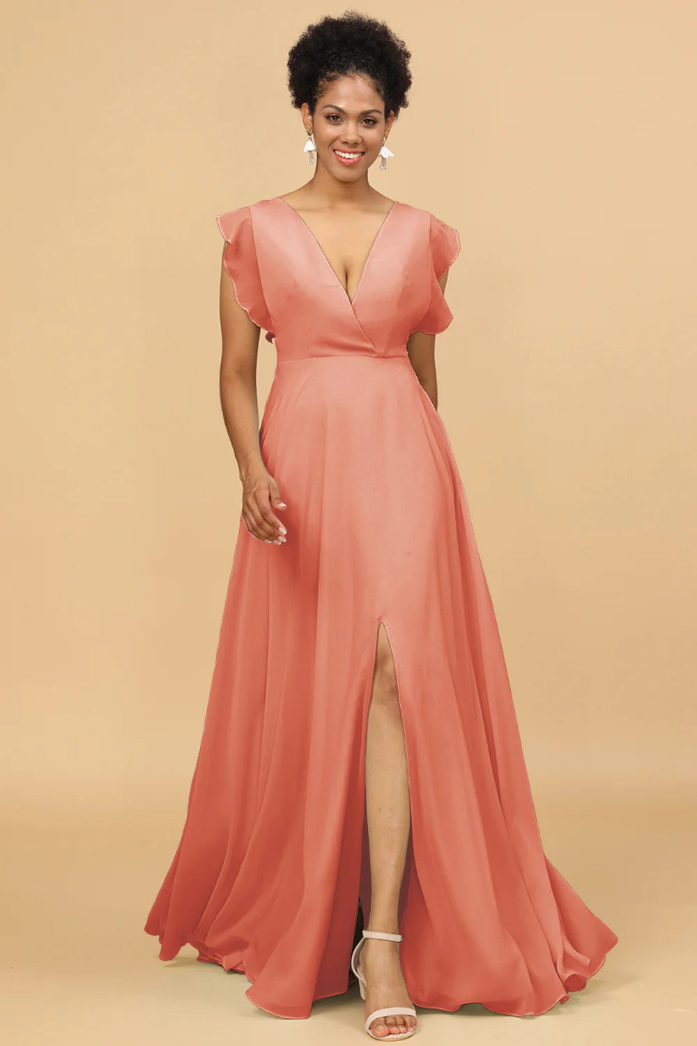 A Line V Neck Floor Length Chiffon Bridesmaid Dress with Slit