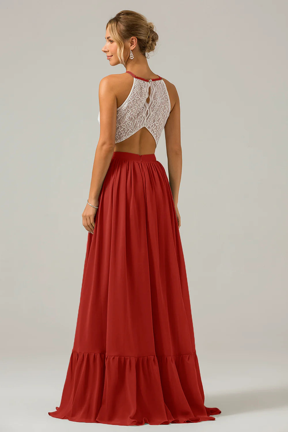 A Line Halter Pleated Keyhole Chiffon Bridesmaid Dress With Lace