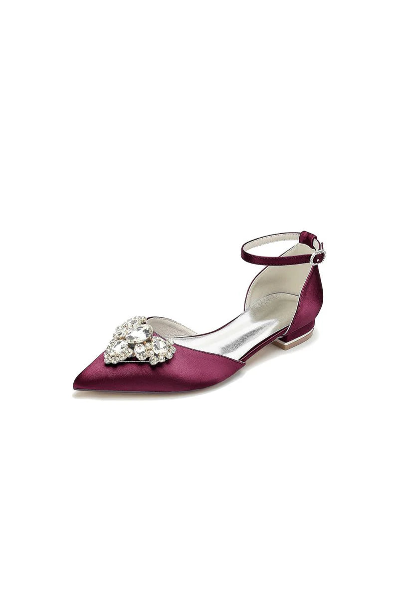 Satin Pointed Toe Ankle Strap Rhinestone Kitten Heels