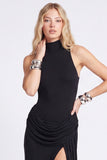 Black High Neck Sheath Ruched Formal Dress with Slit