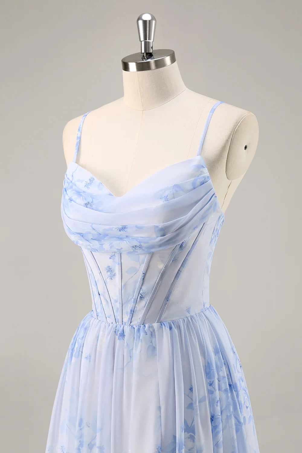 Blue Flower A Line Cowl Neck Corset Long Bridesmaid Dress with Slit
