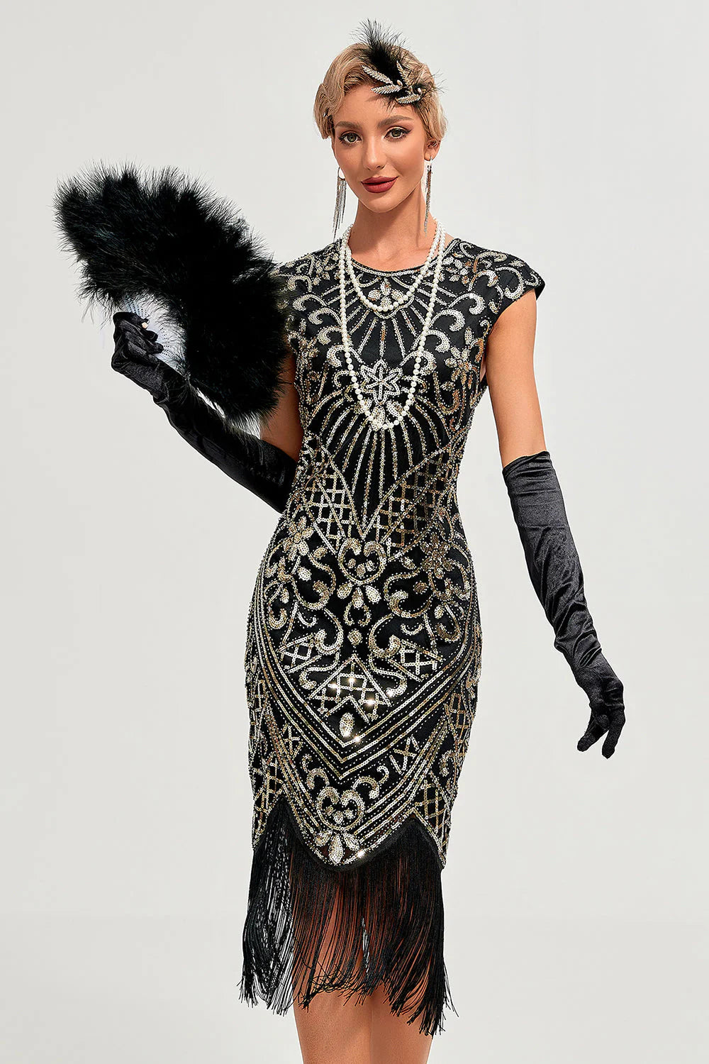 Sparkly Black Beaded Fringed Gatsby Dress