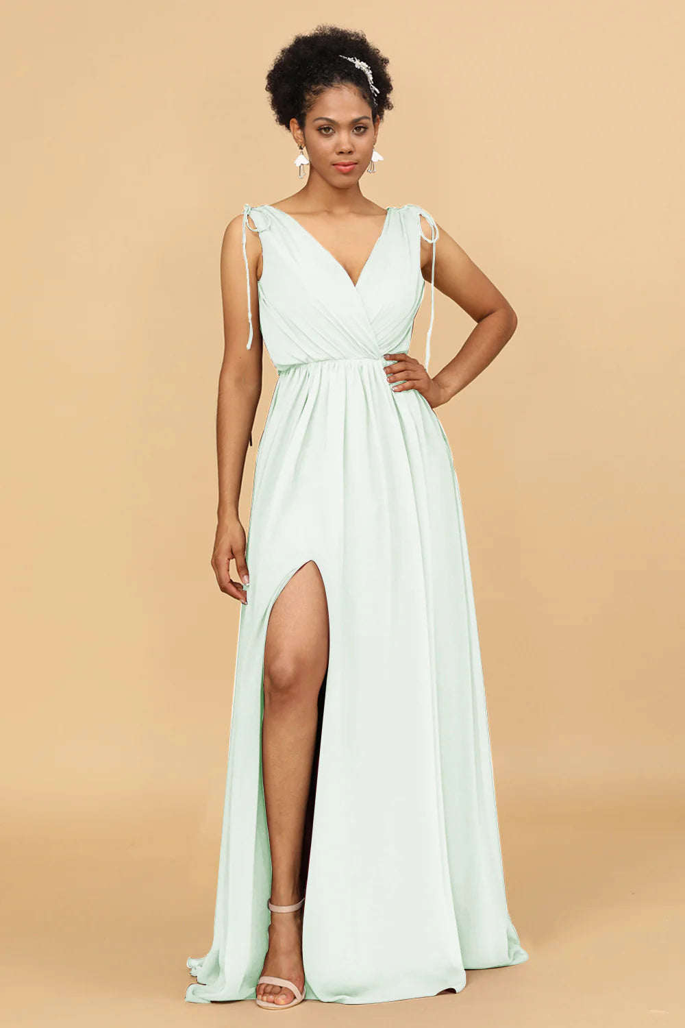 A Line Ruched V Neck Sleeveless Chiffon Bridesmaid Dress with Slit