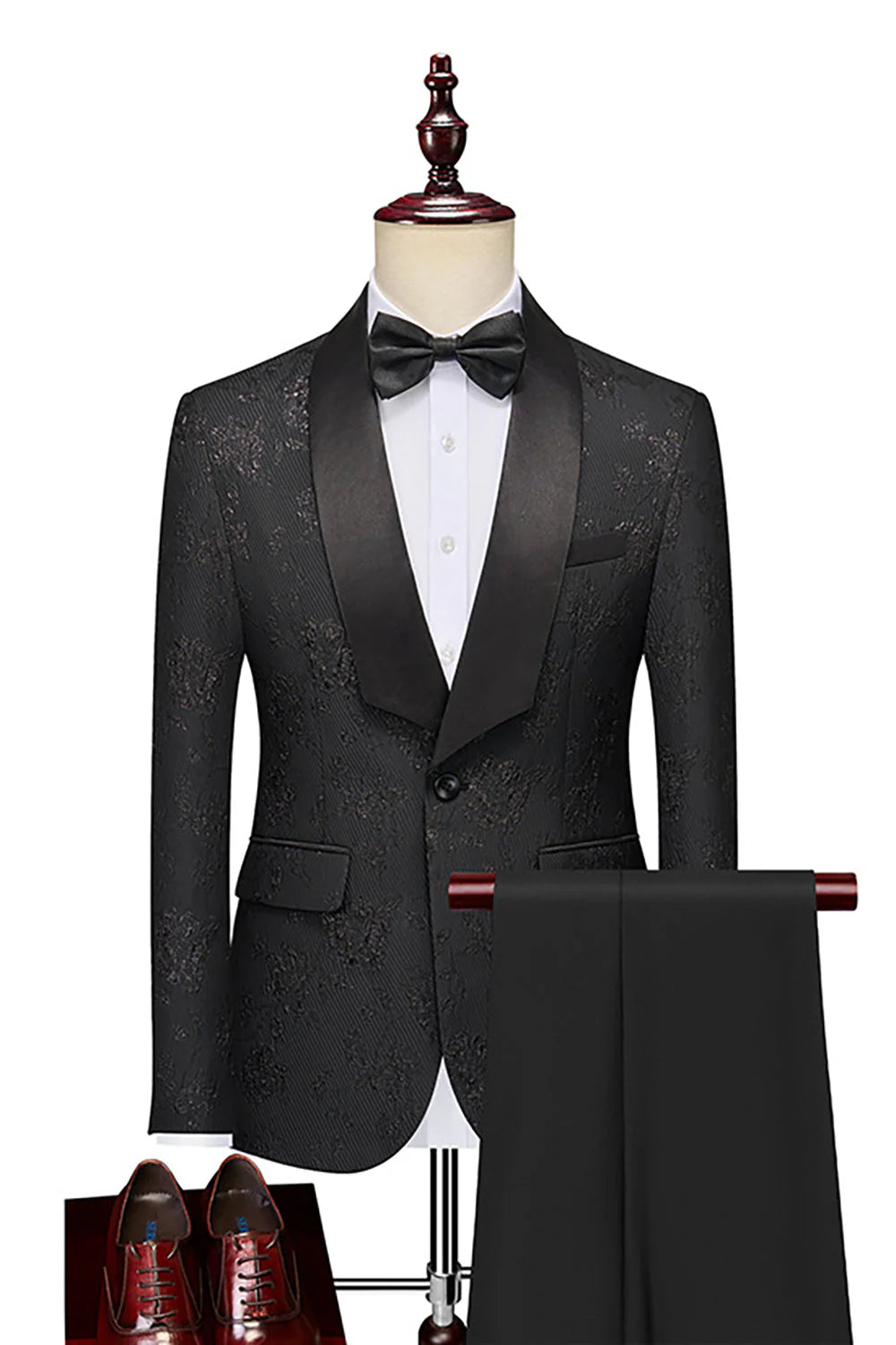Mens Pink Silm Fit Shawl Lapel Jacquard 2 Pieces Wedding Suits