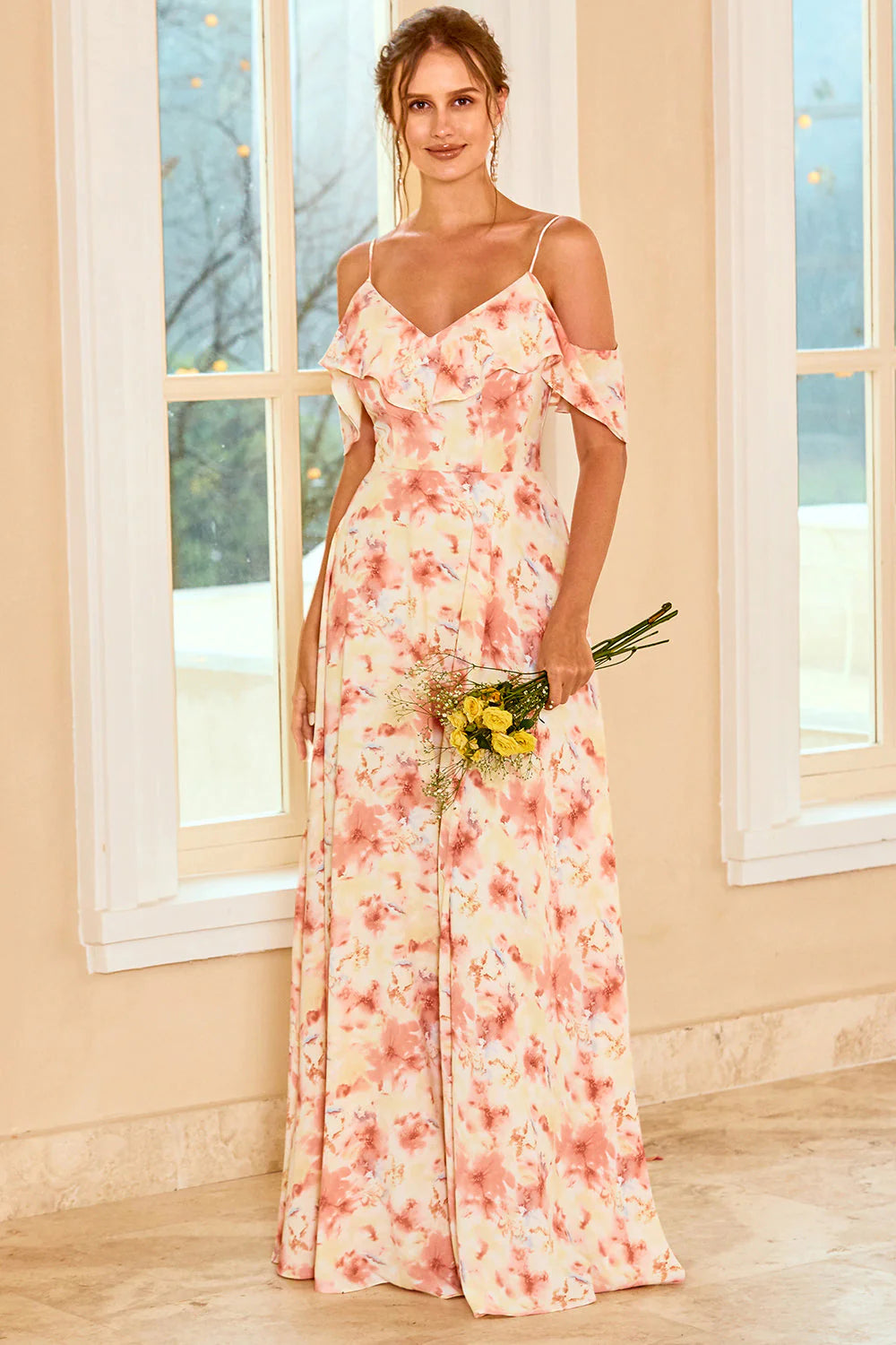 Blue A Line Off the Shoulder Floral Print Long Bridesmaid Dress