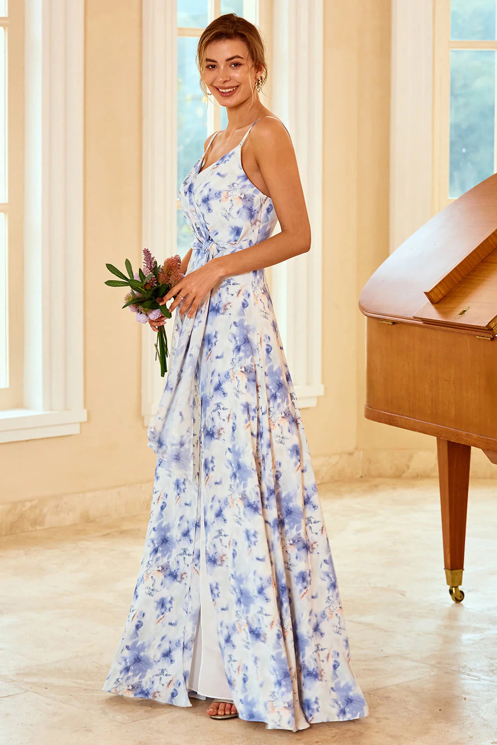 Blue Sheath Column Spaghetti Straps Floral Print Bridesmaid Dress