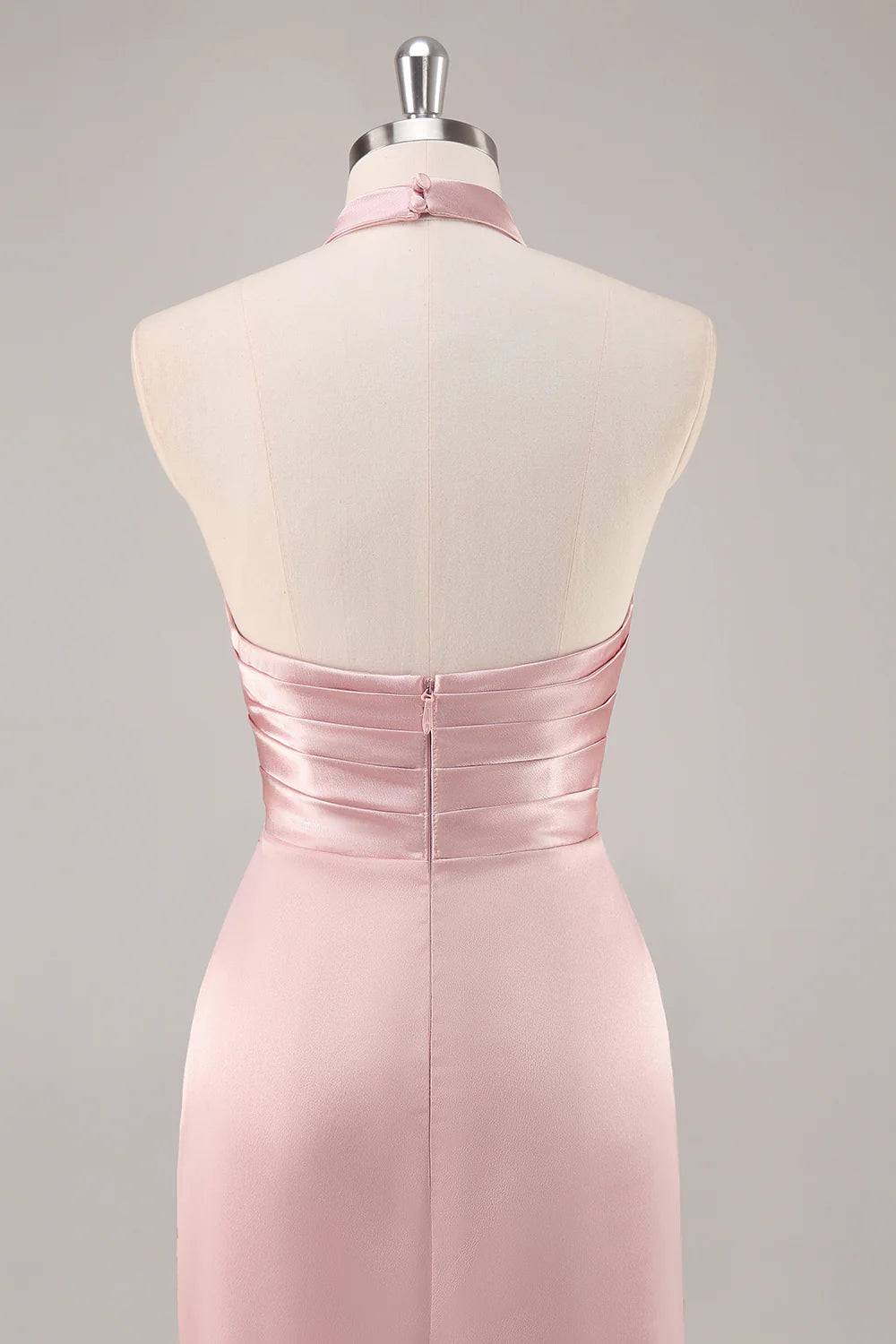 Blush Sheath Halter Satin Pleated Open Back Long Bridesmaid Dress with Slit