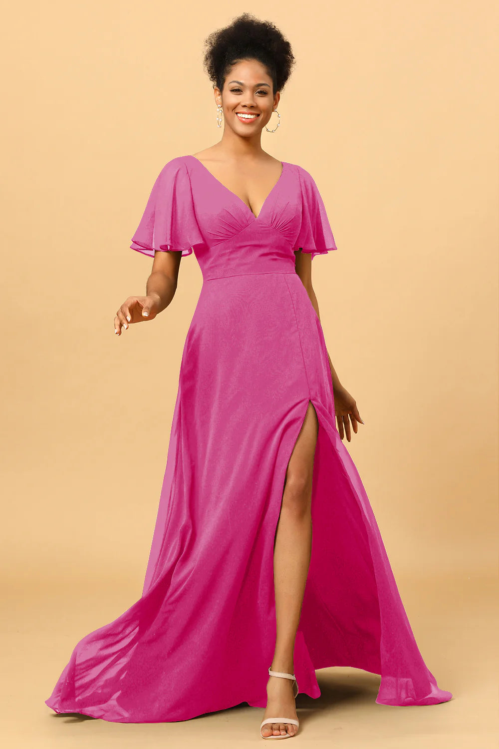 A Line V Neck Long Chiffon Bridesmaid Dress with Slit