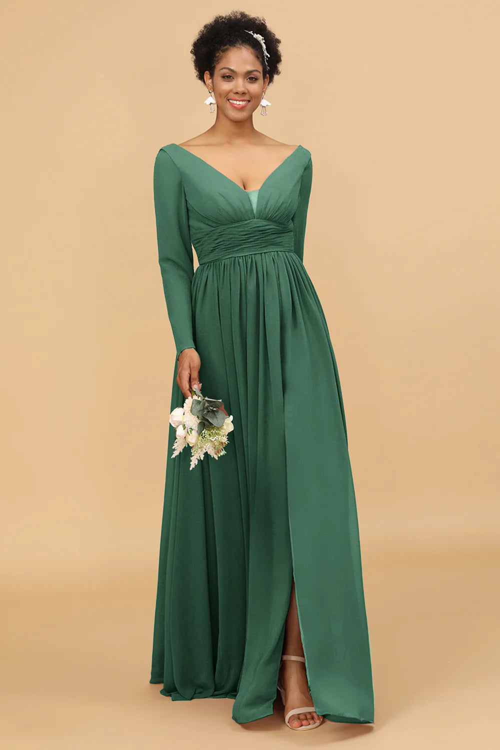 A Line V Neck Long Sleeves Chiffon Bridesmaid Dress with Slit