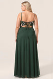 Dark Green A Line Spaghetti Straps Plus Size Chiffon Bridesmaid Dress with 3D Flowers