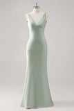 Sage Green Sheath V Neck Backless Satin Bridesmaid Dress