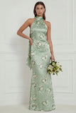 Halter Sage Green Floral Sheath Satin Long Bridesmaid Dress