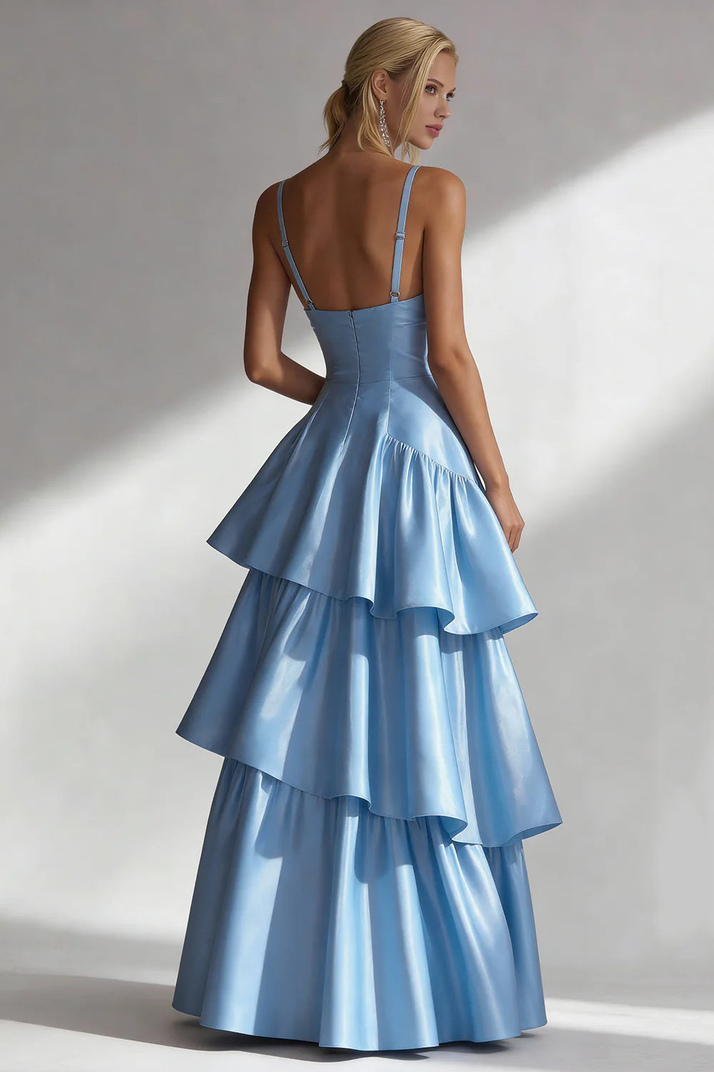 Light Blue A Line Spaghetti Straps Tiered Ruffle Satin Maxi Dress