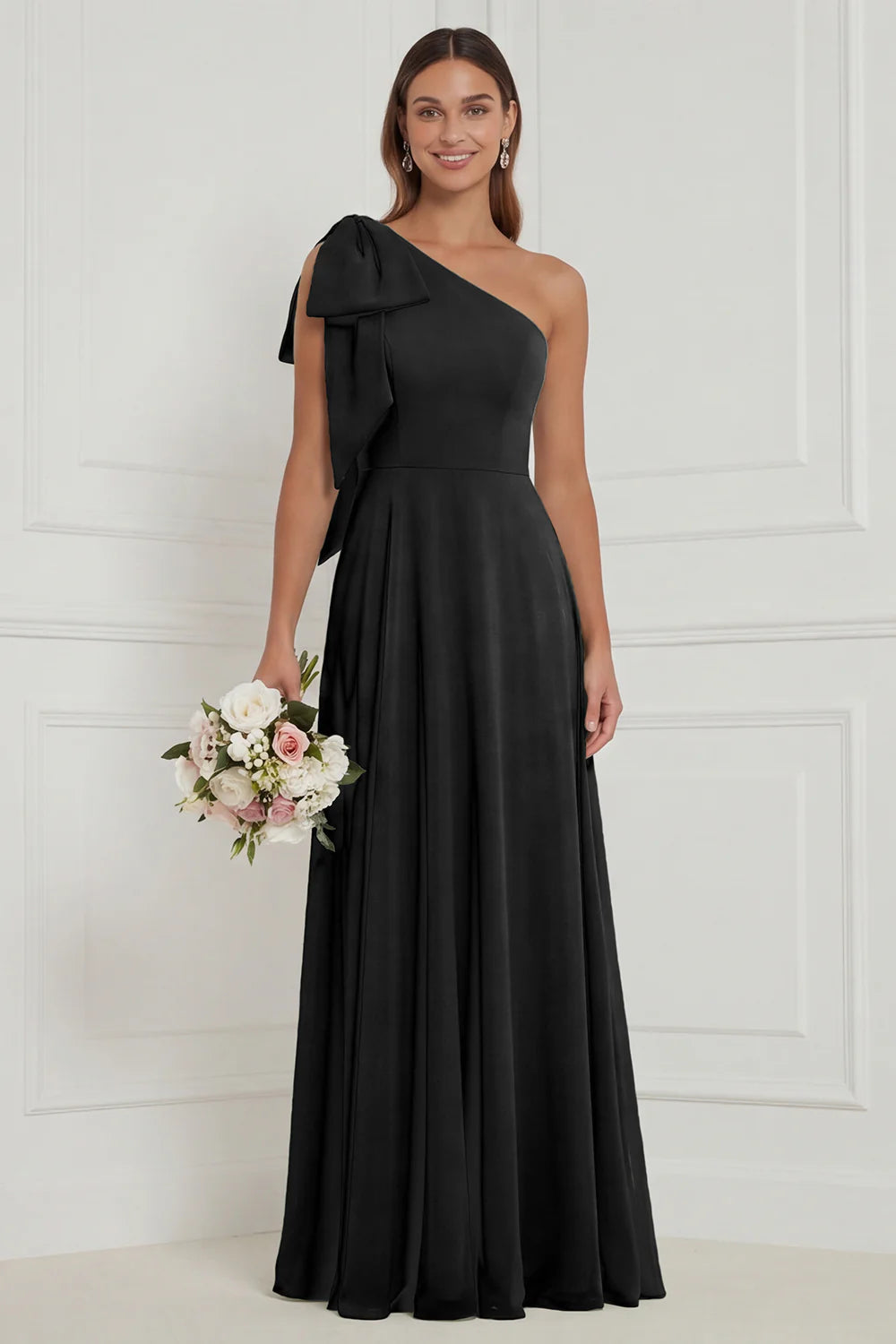 One Shoulder Bow A Line Sage Bridesmaid Dress with Lace up Back