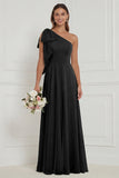 One Shoulder Bow A Line Sage Bridesmaid Dress with Lace up Back
