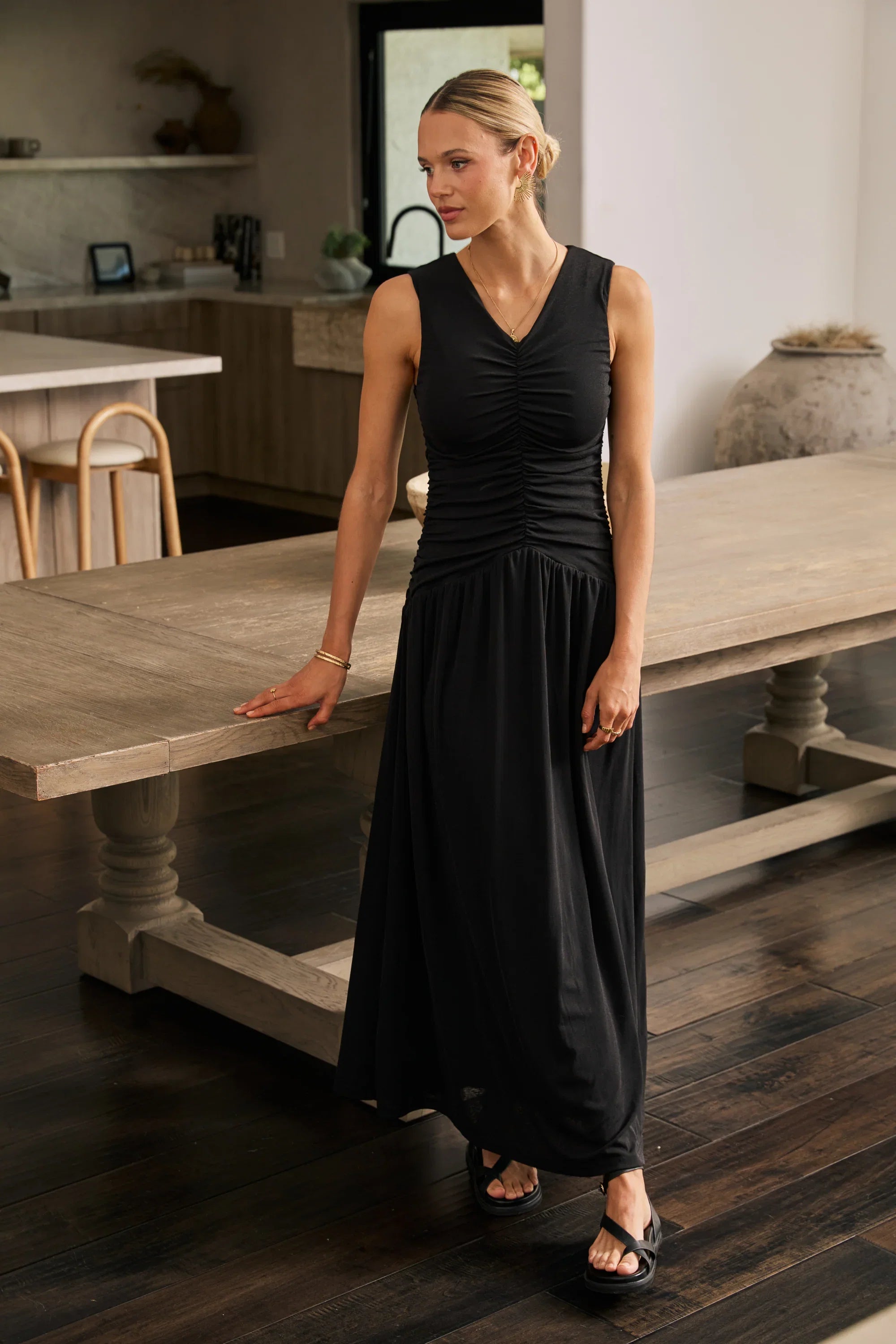 Kandi Ruched Maxi Dress in Black
