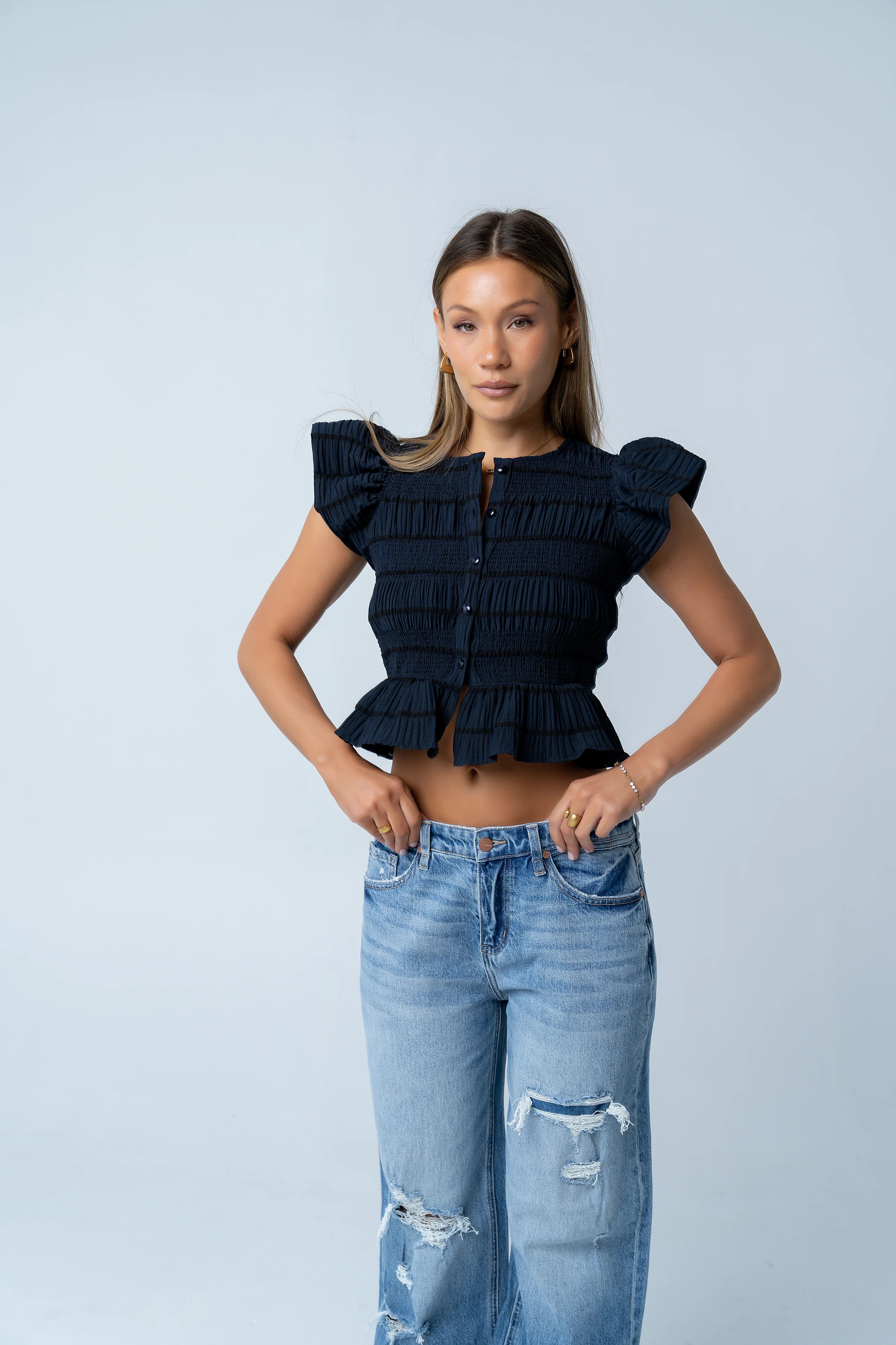 Holly Smocked Blouse in Navy