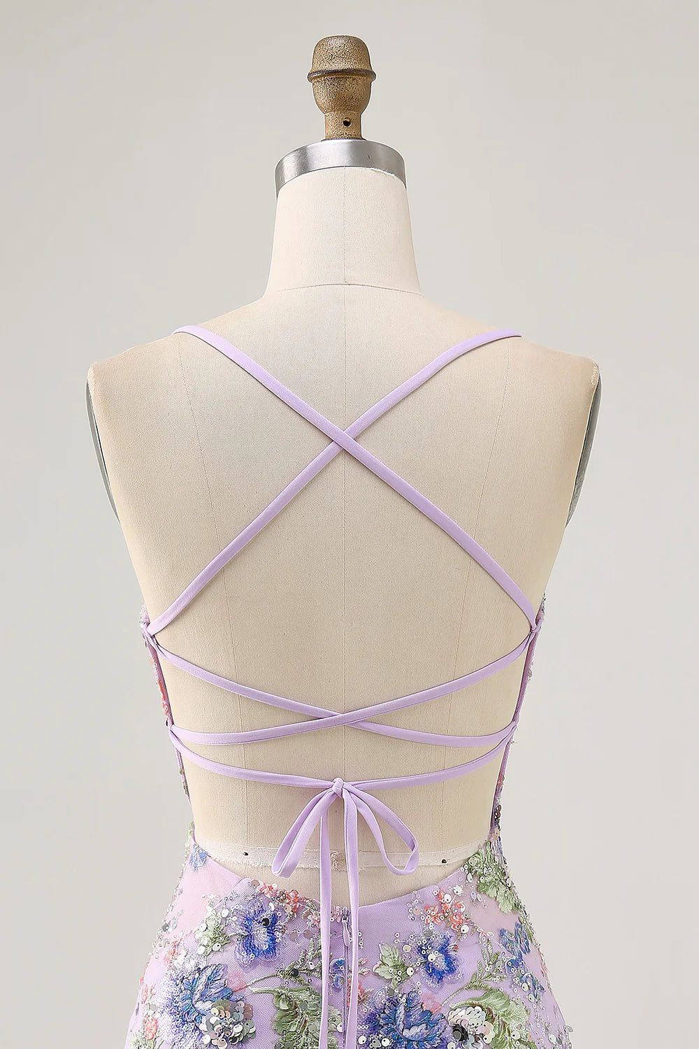 Lilac Spaghetti Straps Short Floral Tight Homecoming Dress