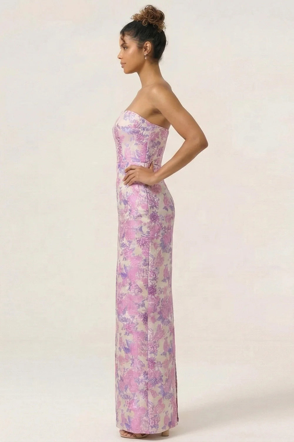 Blue Sheath Strapless White Floral Back Slit Satin Maxi Dress with Pockets