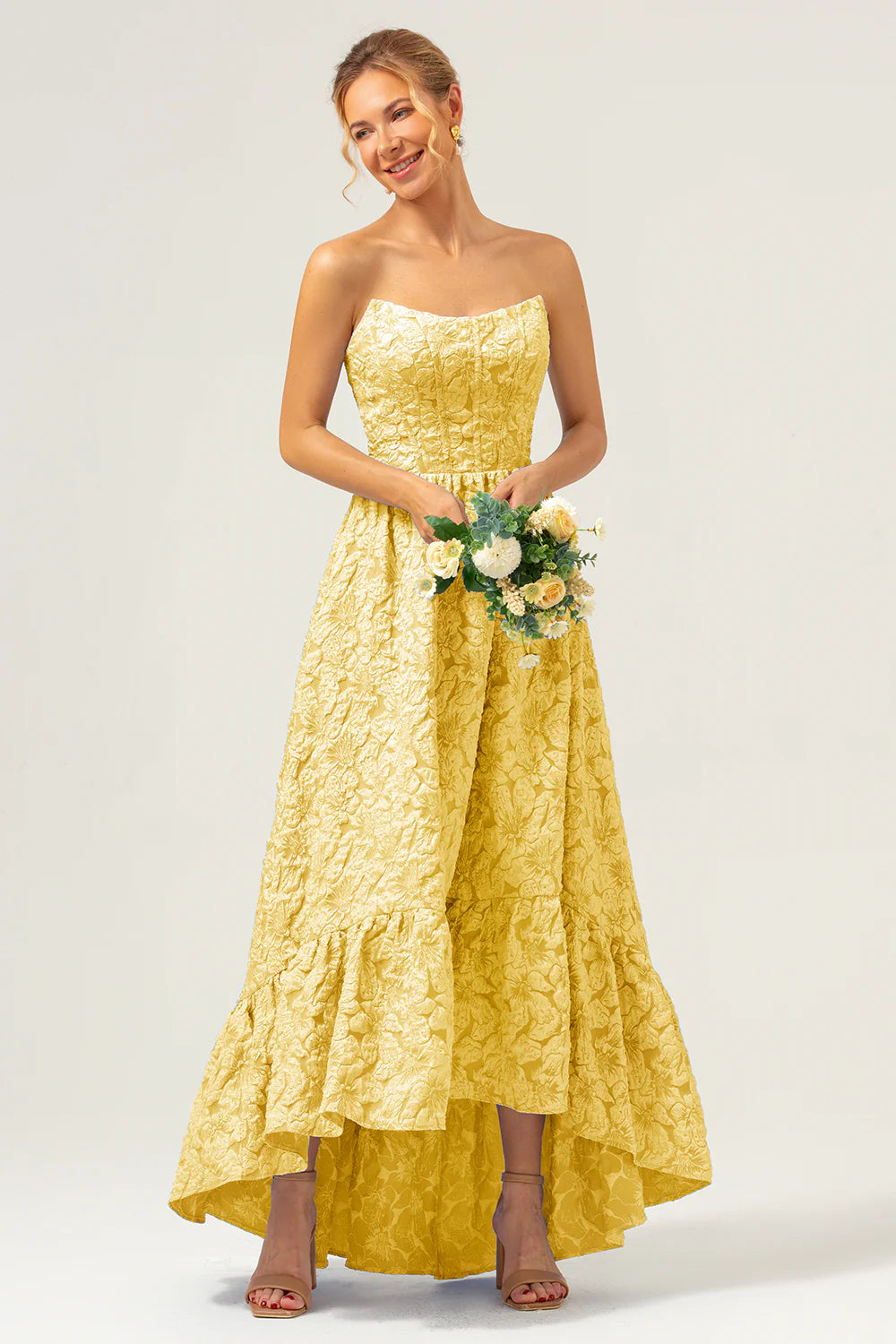 Blue A Line Strapless Brocade High Low Floral Bridesmaid Dress