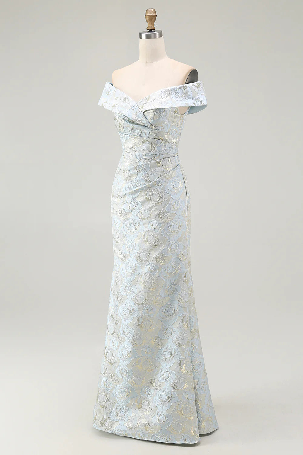 Light Blue Sheath Off The Shoulder Floral Jacquard Formal Dress