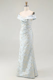 Light Blue Sheath Off The Shoulder Floral Jacquard Formal Dress